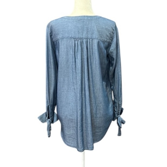 Loft Ann Taylor Tunic Chambray Bow Long Sleeve Button Round Neck Hi Lo Hem Small - Picture 11 of 12